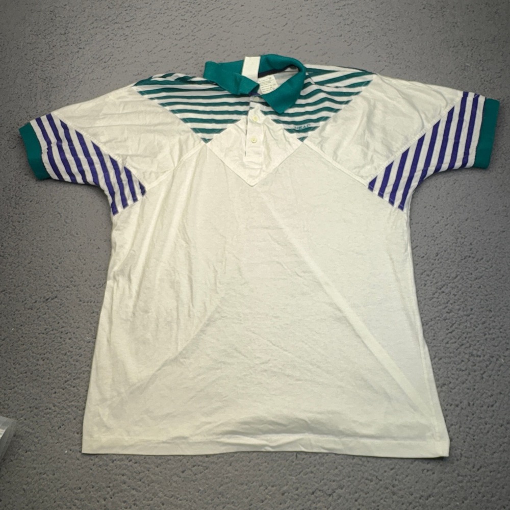 Vintage Head Polo Mens Large White Teal Purple Striped Colorblock Tennis Shirt